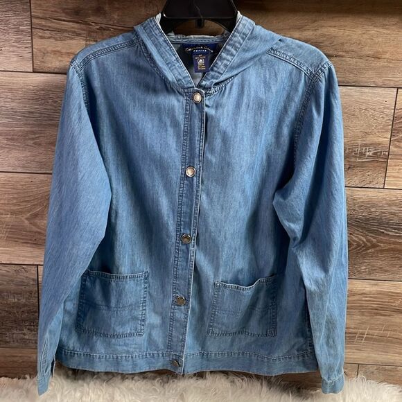 CHARTER CLUB Petite Lightweight Cotton Denim Blouse Hooded Jacket Blue SZ M - Picture 2 of 9